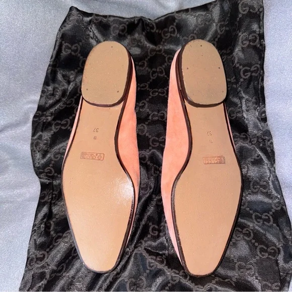 VTG GUCCI Pastel Pink Gold Tone Horsebit Suede Soft Loafers 37 7